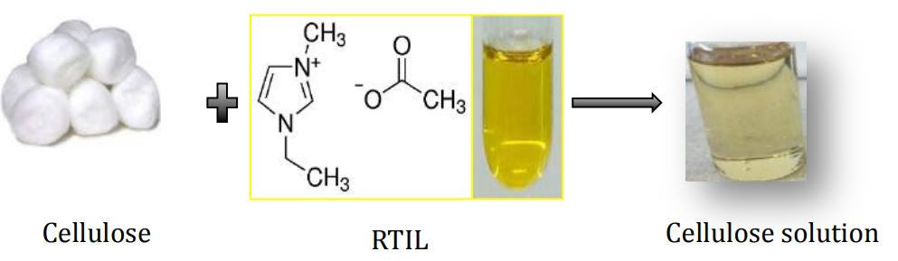 A highly complex polysaccharide soluble in RTILs is prepared as a stable composite material