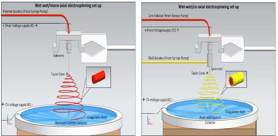 Wet-wet electrospinning of nano-scale and micron scale fibers